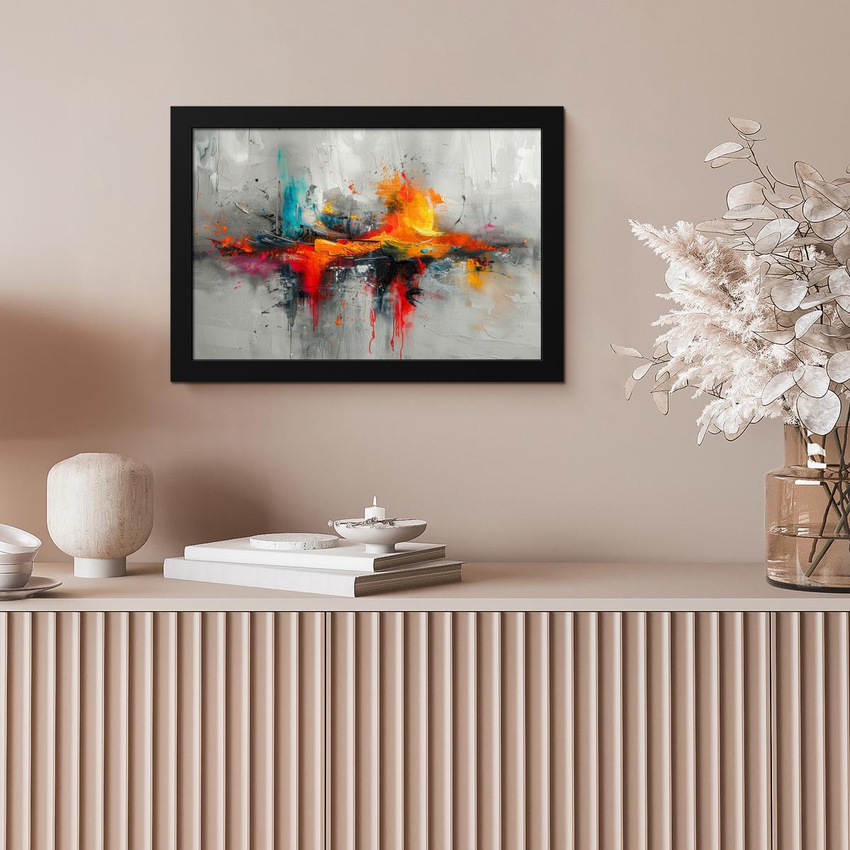POSTER MIT RAHMENGERAHMTES BILD Moderne Kunst - Orange - Grau - Abstrakt 30x20 cm - Hellgrau, Papier (30/20cm) - MuchoWow