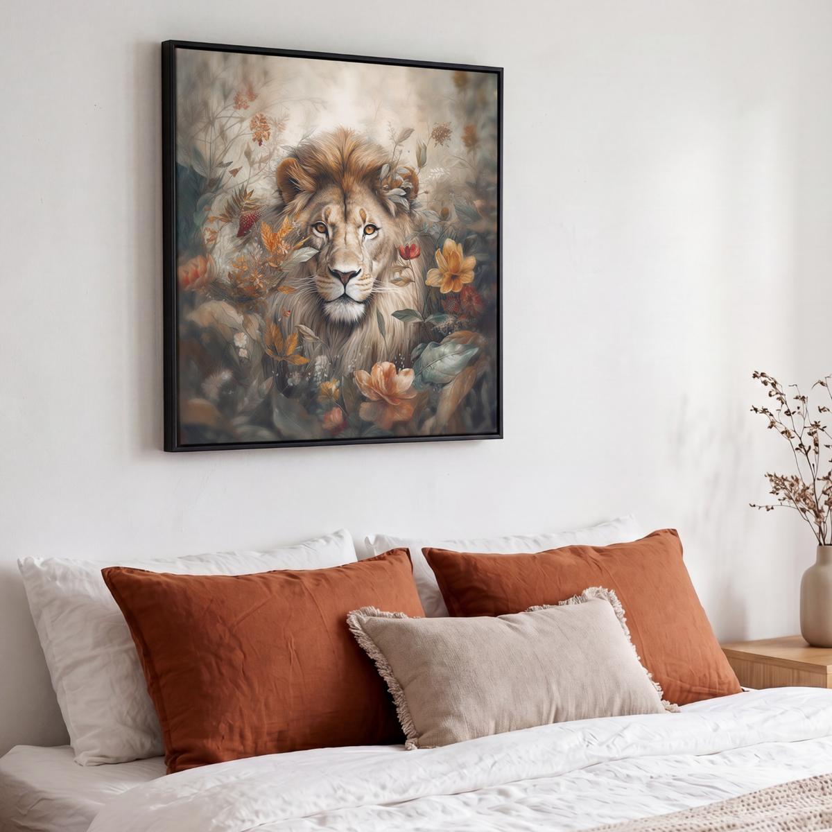 LEINWAND Bilder mit Rahmen - Löwe - Wildtiere - Pflanzen - Natur - Blumen - 50x50 - Beige, Textil (50/50cm) - MuchoWow