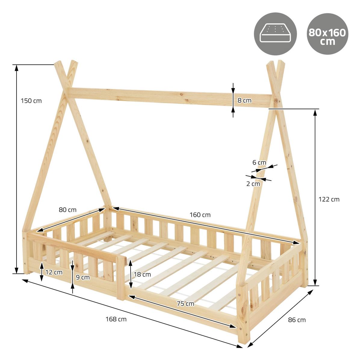 KINDERBETT Tipi 80x160 cm Natur - Naturfarben, Holz (80/160cm) - ML-DESIGN