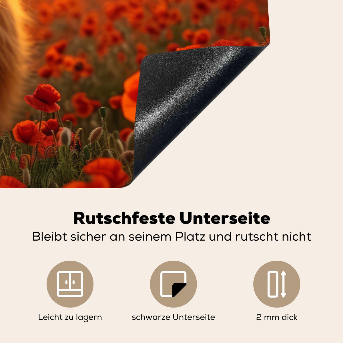HERDABDECKPLATTE Schottische Highlander - Rosen - Blumenfeld - Sonnenuntergang Ceranfeldabdeckung 85x52 cm - Rotbraun, Kunststoff (85/52/0.2cm) - MuchoWow
