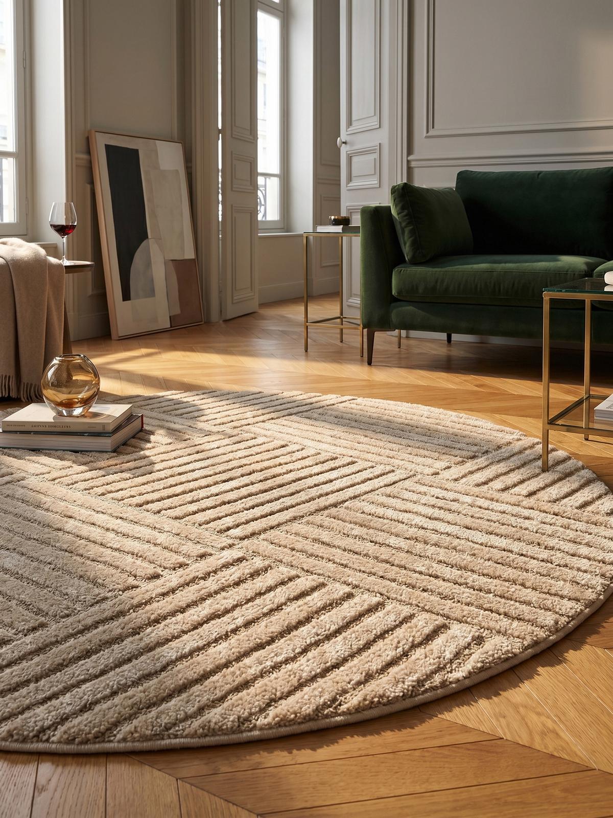 TEPPICH Hochflor RIGI in Beige, mit Cord-Streifen-Patchwork, Ø 120 cm - Beige, Textil (120/120cm) - KADIMA DESIGN