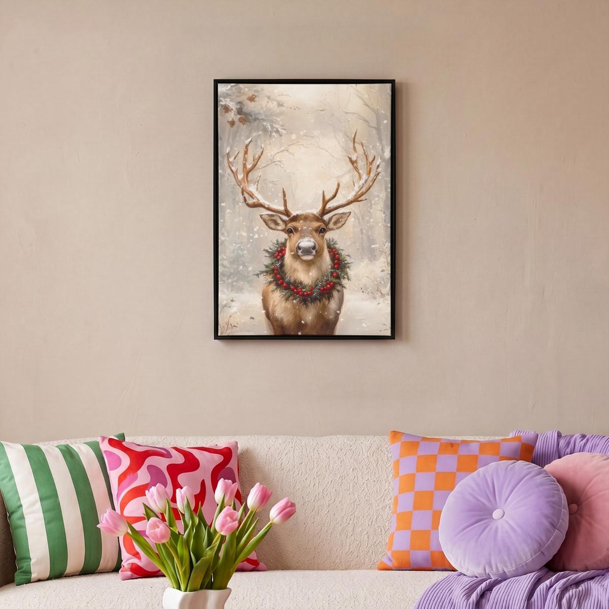 LEINWAND Bilder mit Rahmen - Weihnachten - Rentier - Winter - Kranz - 40x60 - Naturfarben, Textil (40/60cm) - MuchoWow