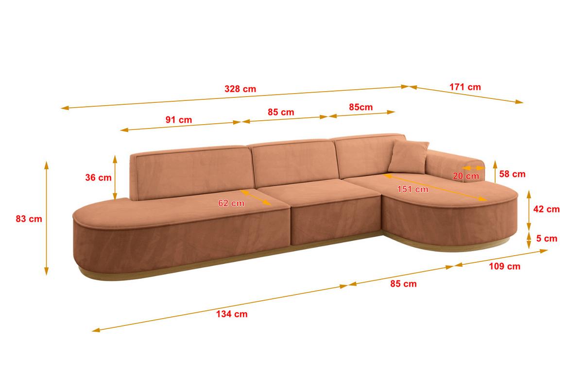 ECKSOFA Ottomane Rechts MARI-L2-v2 - 328x171x83 cm Orange Velours - Orange, Holzwerkstoff/Textil (171/328cm) - ALTDECOR