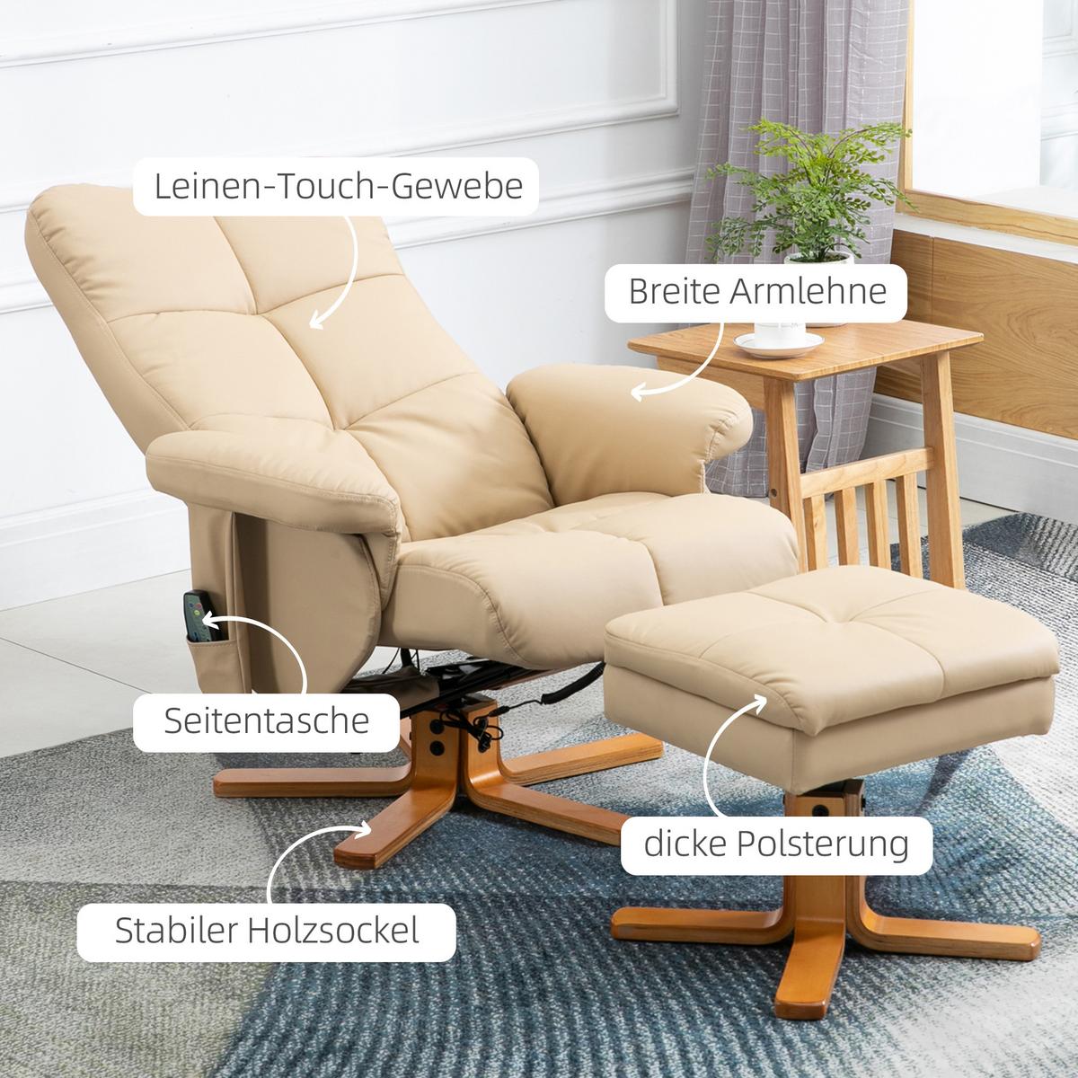 RELAXSESSEL mit Liegefunktion Massagesessel mit Fußhocker Polyester Cremeweiß - Champagner/Creme, Leder/Holz (86/99/80cm) - HOMCOM