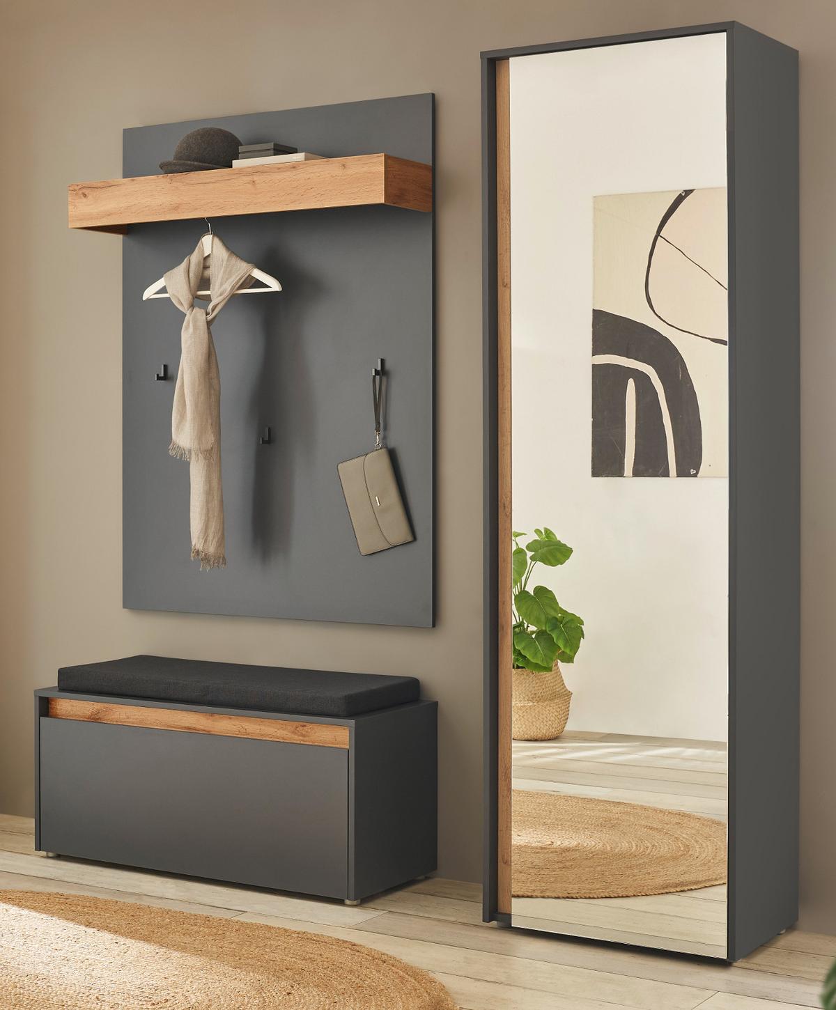 GARDEROBEN-SET 4-teilig grau, Eiche Wotan 170 cm, Flurgarderobe inklusive Sitzkissen - Eiche Wotan/Silberfarben, Glas/Holzwerkstoff (170/200/40cm) - Furn.Design