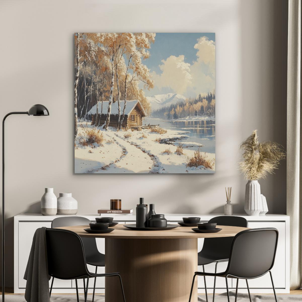 AKUSTIKBILD Winter - Schnee - Zuhause - Natur Akustikpaneele 90x90 cm - Hellbraun, Kunststoff (90/90/0.9cm) - MuchoWow