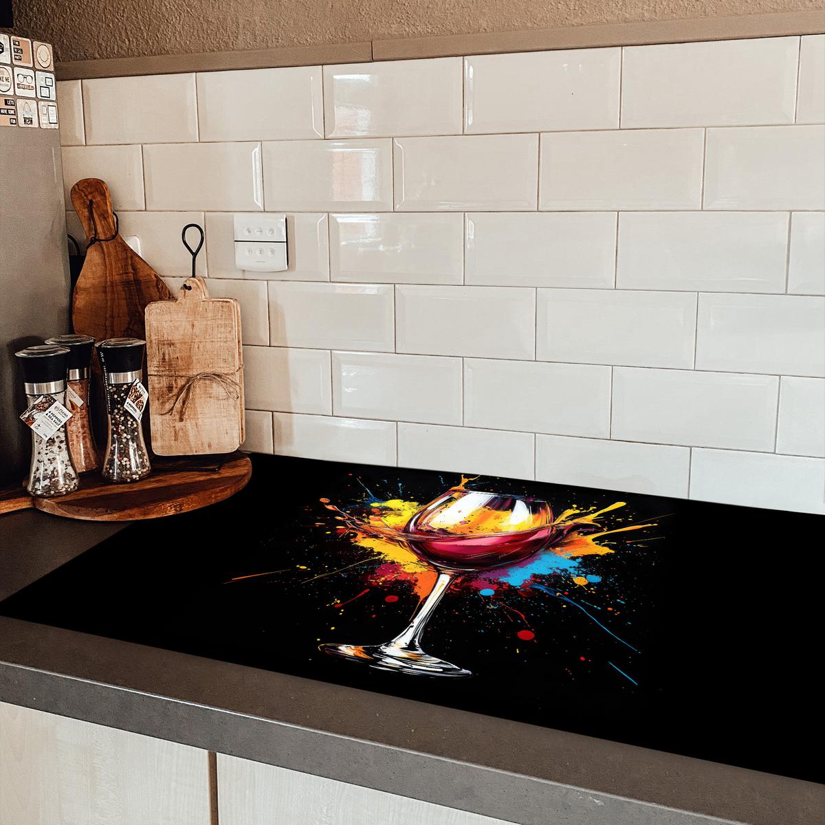 HERDABDECKPLATTE Wein - Glas - Graffiti - Getränk - Rot - Farbe Induktionsschutz 91.2x52 cm - Weinrot, Kunststoff (91.2/52/0.2cm) - MuchoWow