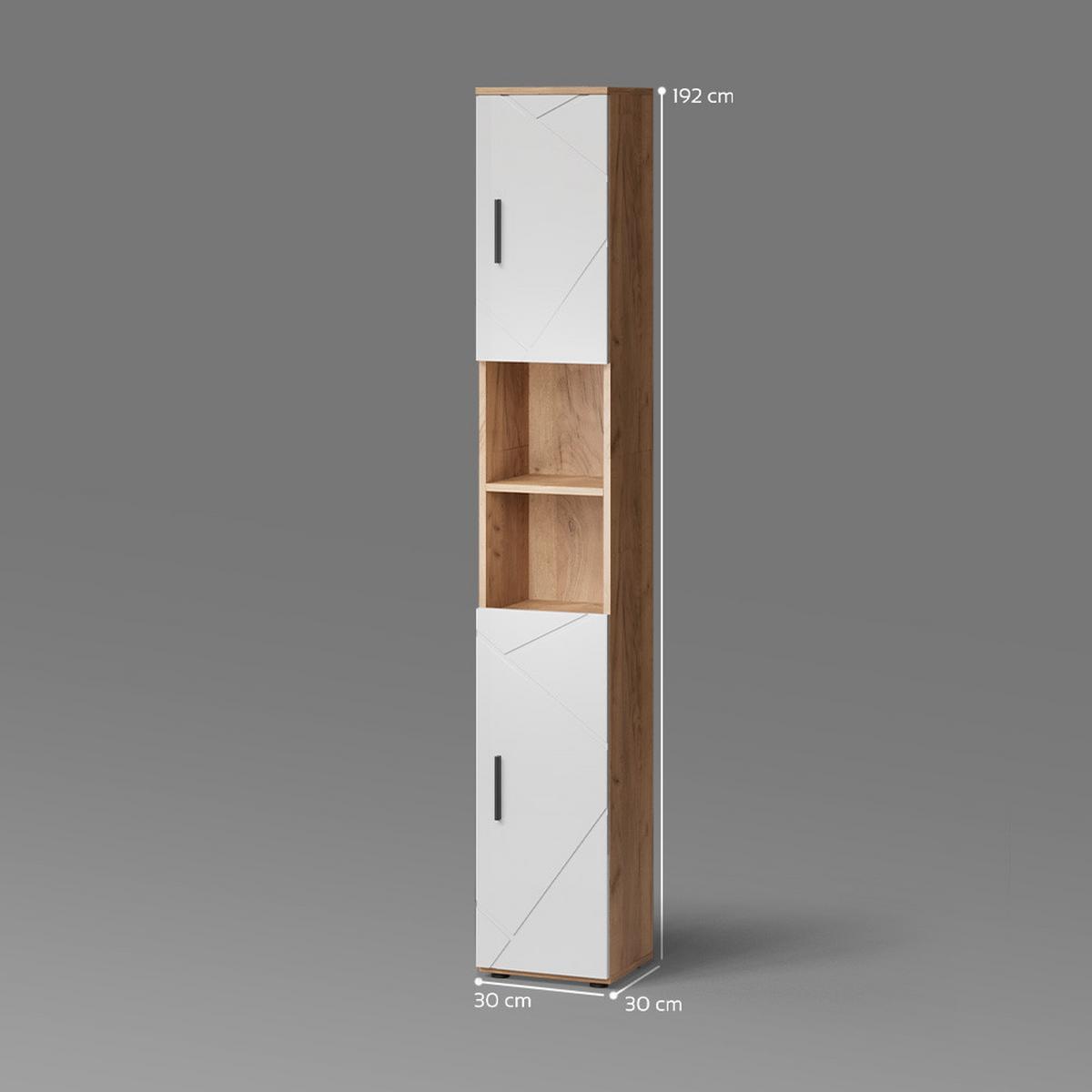 BADSCHRANK Ronco Weiß Hochglanz/Goldkraft Eiche 30 x 192 cm mit Türen, und offenen Fächern - Honigeiche/Weiß Hochglanz, Holzwerkstoff (30/192/30cm) - Livinity®