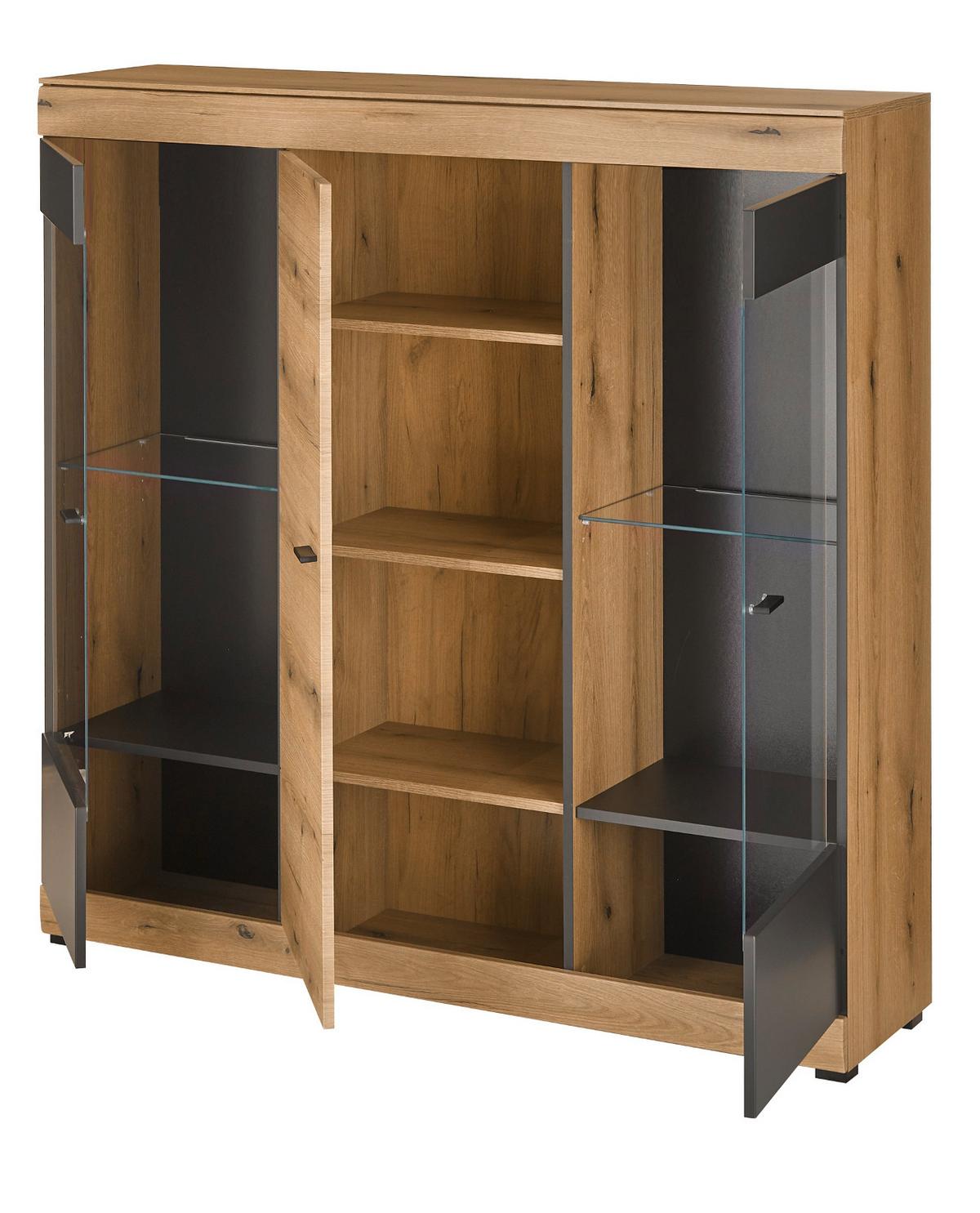 HIGHBOARD in Eiche, grau 140 x 141 cm, Vitrine mit Soft-Close - Kaschmir/Eichefarben, Glas/Holzwerkstoff (140/141/35cm) - Furn.Design