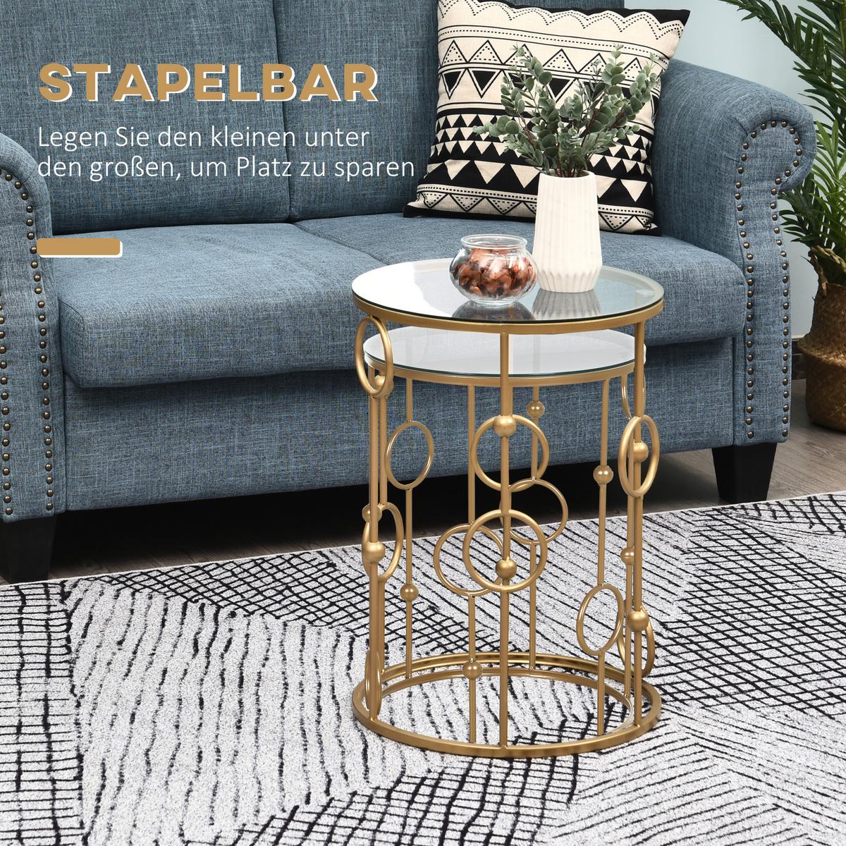 2ER-SET Couchtisch, Beistelltisch mit Glasplatte, Wohnzimmertisch Sofatisch - Goldfarben, Glas (41/41/57cm) - HOMCOM