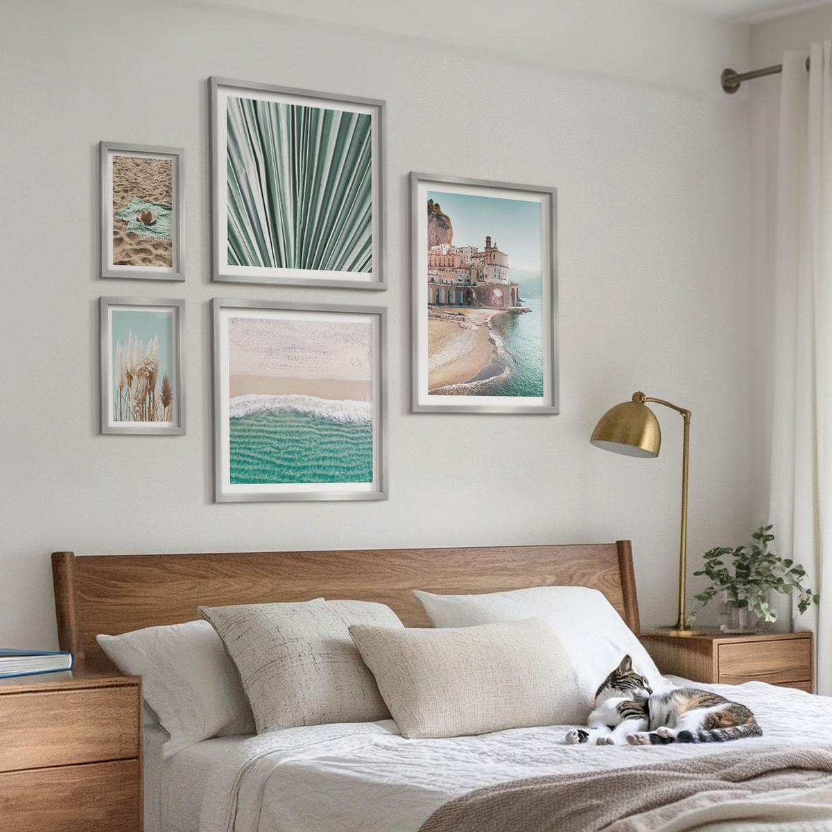 BILDER SET 5er Set - 50x50 cm & 20x30 cm & 40x60 cm Silberner Rahmen - Strandwellen Grashut - Silberfarben, Kunststoff (40/60cm) - TULUP