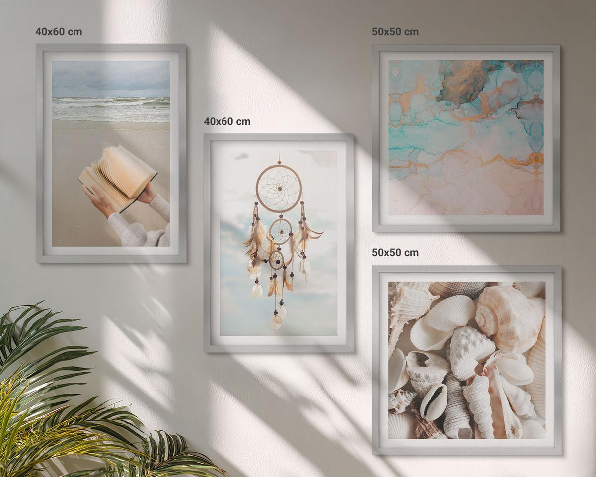 BILDER SET 4er Set - 50x50 cm & 40x60 cm Silberner Rahmen - Boho-Buch mit Muscheln - Silberfarben, Kunststoff (50/50cm) - TULUP