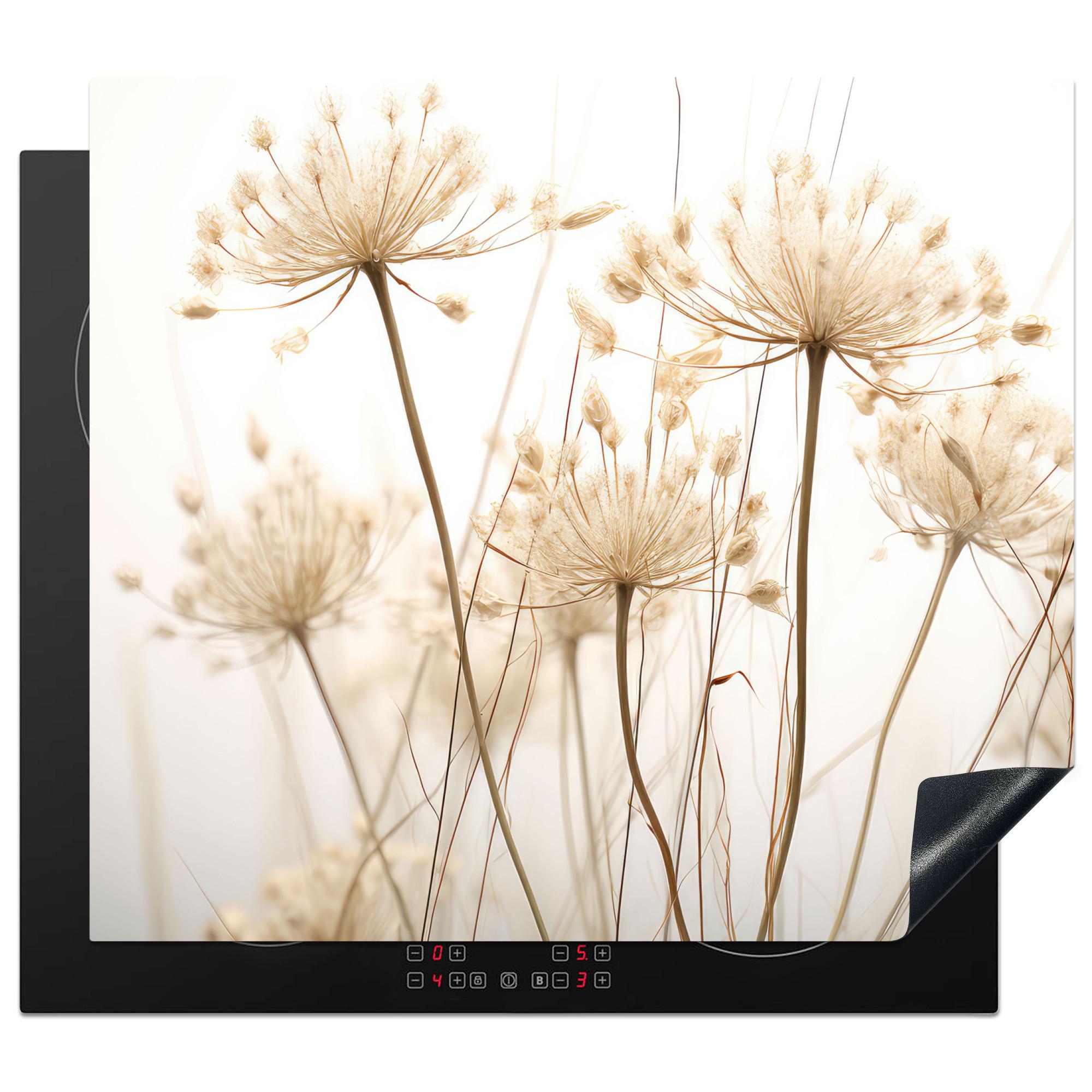 HERDABDECKPLATTE Blumen - Weiß - Sonnenlicht Herdabdeckung Induktionsfeld 60x52 cm - Ecru, Kunststoff (60/52/0.2cm) - MuchoWow