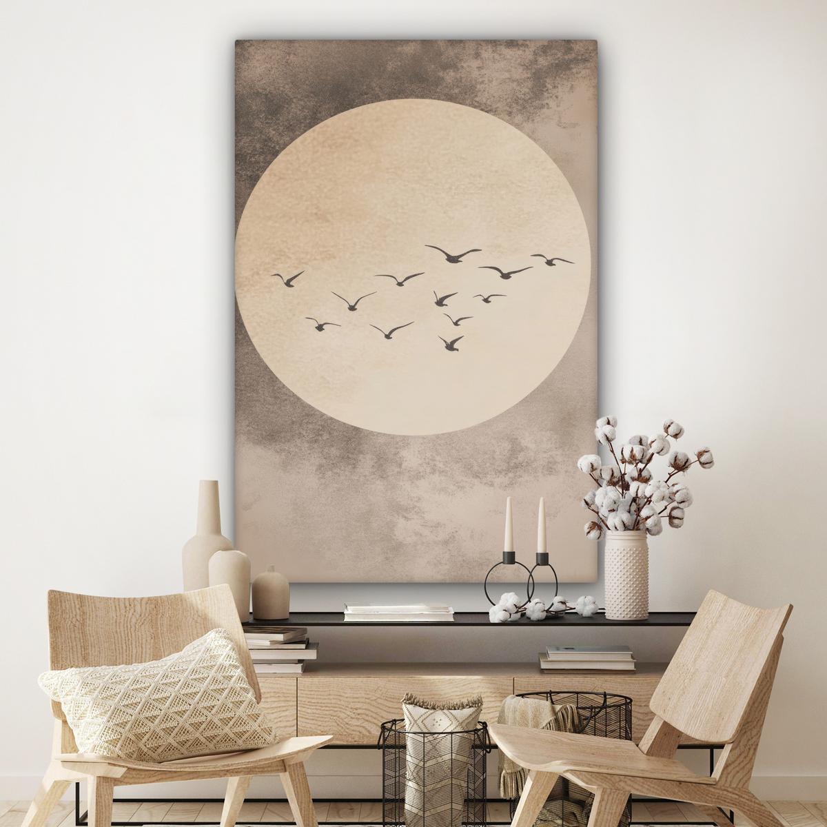 LEINWANDBILD Vogel - Beige - Japanisch Deko Groß 90x140 cm - Taupe, Textil (90/140cm) - MuchoWow