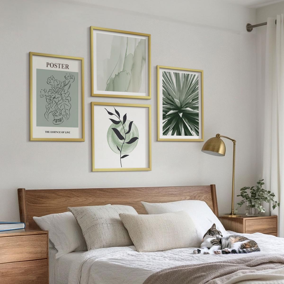 BILDER SET 4er Set - 50x50 cm & 40x60 cm Goldrahmen - Grün-beige Pflanzenmuster - Goldfarben, Kunststoff (50/50cm) - TULUP