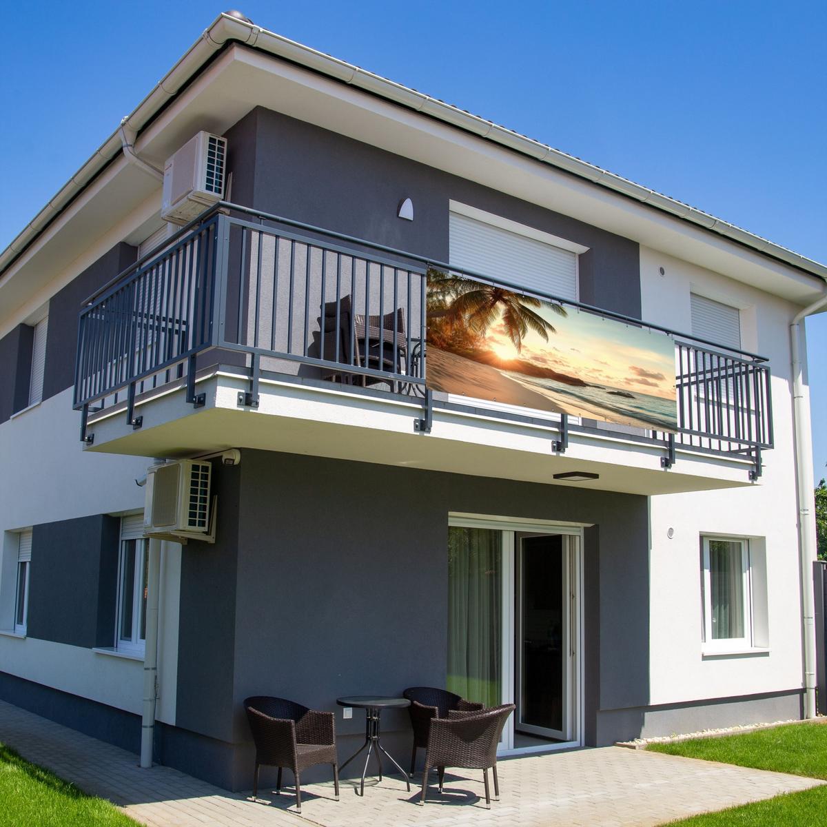 BALKON-SICHTSCHUTZ Strand - Palmen - Meer - Sonnenuntergang Balkon Deko 300x120 cm - Samtahornfarben, Kunststoff (300/120cm) - MuchoWow