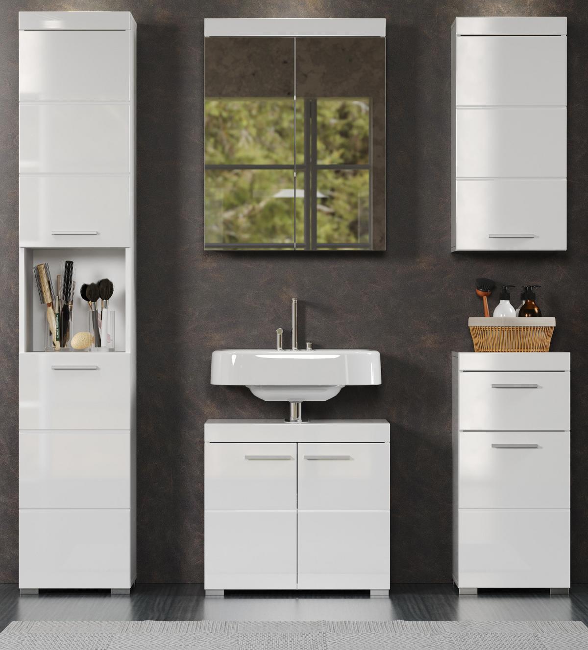 BADMÖBEL-SET weiß Hochglanz 5-teilig 163 x 190 cm, Badkombination in modernem Design - Weiß, Glas/Holzwerkstoff (163/190/34cm) - Top.Furn