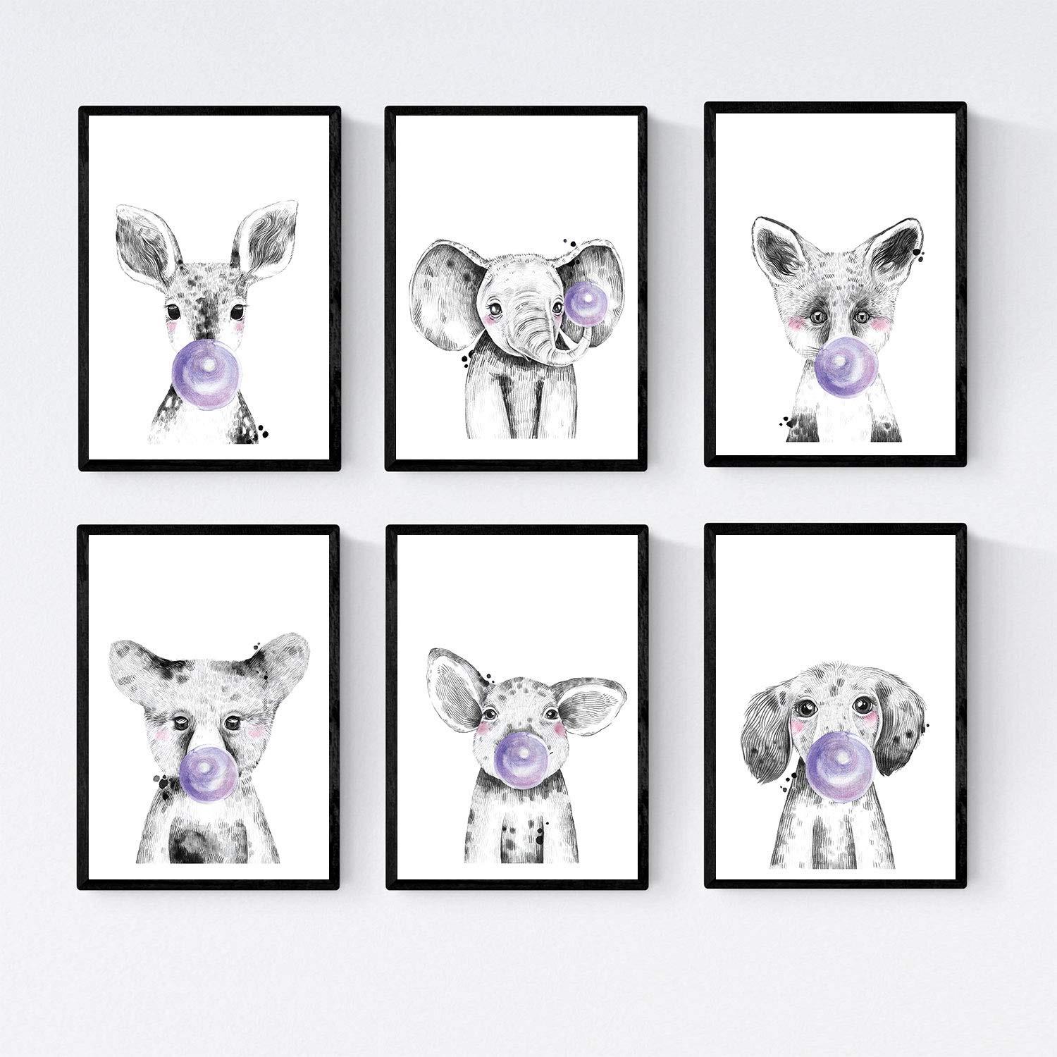 POSTER Set Mit 6 Tiere Babys Mit Kaugummi Hirschschwein Elefant Zorro Bär Hund A4 Schwarzer Rahmen - Schwarz, Papier (29/3cm) - Nacnic