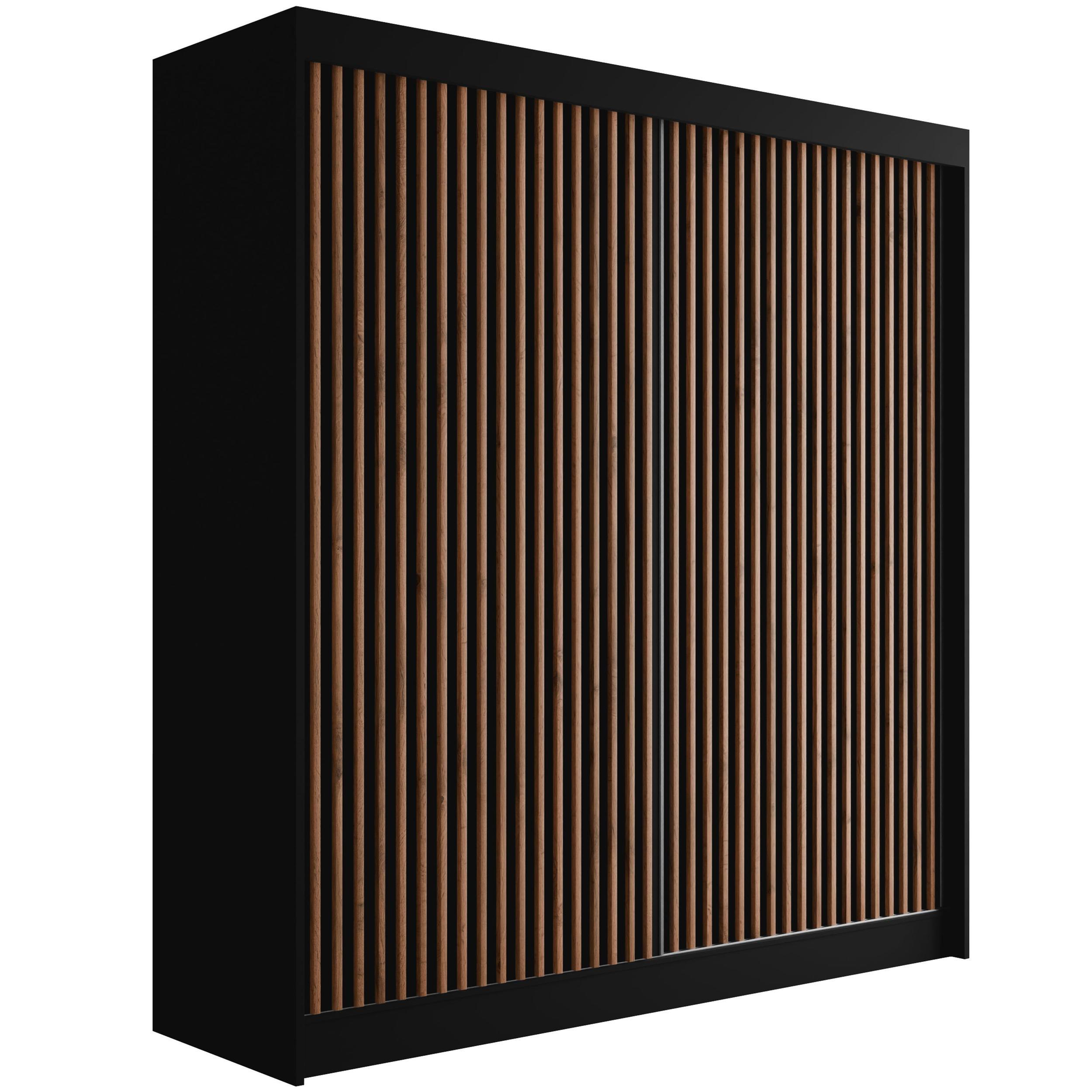 KLEIDERSCHRANK mit Lamel-Schiebetüren VILANv2 - 200 cm Schwarz + Lamelle Eiche Wotan - Eiche Wotan/Schwarz, Holzwerkstoff (200/215/61cm) - ALTDECOR