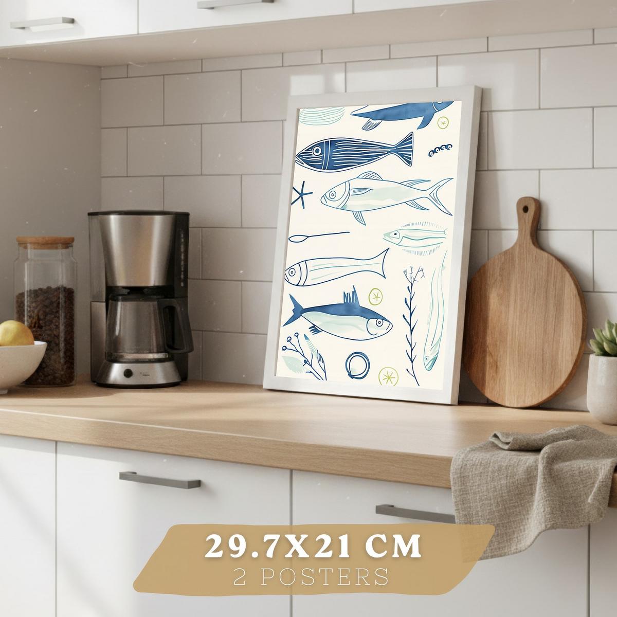 POSTER 2er Set Küchen-Wandbilder Fische Strichzeichnung und Martini Aquarell Minimalistisch Wanddeko Rahmenlos A4 - Weiß, Papier (29.7/1/21cm) - Nacnic