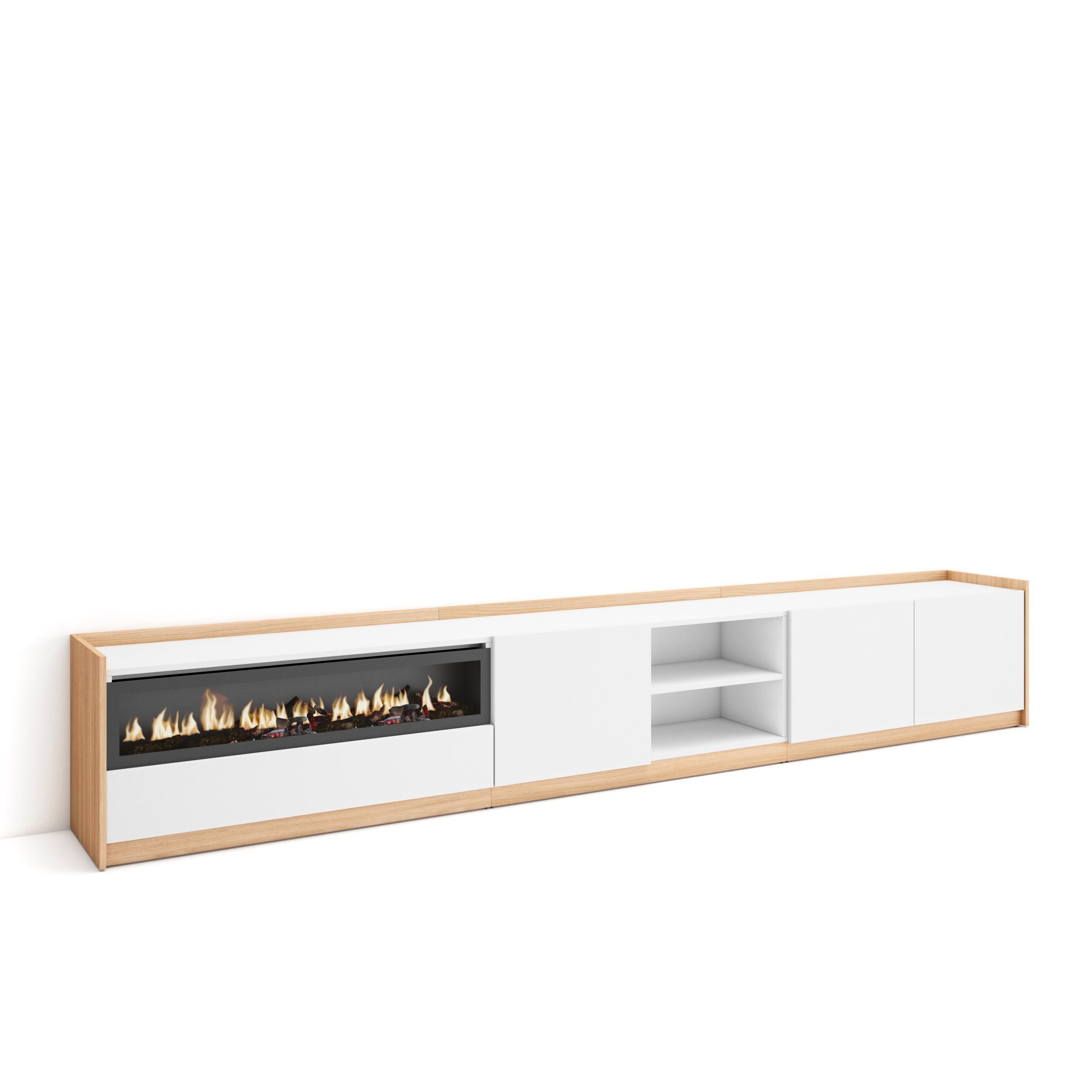 LOWBOARD, Weiß und Eiche Soft, Elektrokamin, 310/37/50cm - Weiß, Holzwerkstoff (310/50/37cm) - Skraut Home