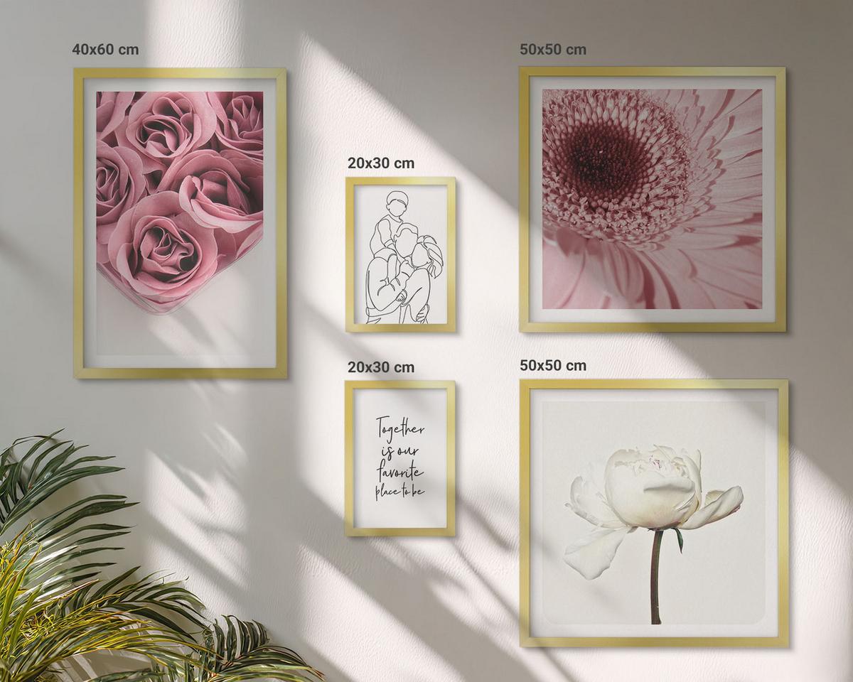 BILDER SET 5er Set - 50x50 cm & 20x30 cm & 40x60 cm Goldrahmen - Rosensträuße als Familienzeichnung - Goldfarben, Kunststoff (40/60cm) - TULUP