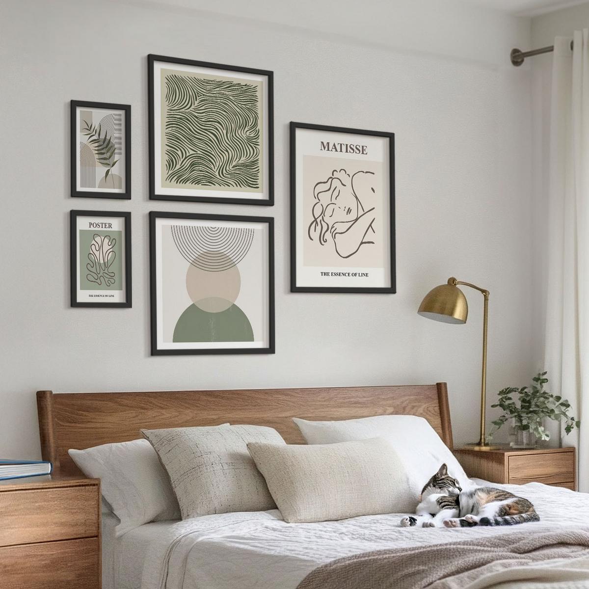 BILDER SET 5er Set - 50x50 cm & 20x30 cm & 40x60 cm Schwarzer Rahmen - Geometrische botanische Muster - Schwarz, Kunststoff (40/60cm) - TULUP