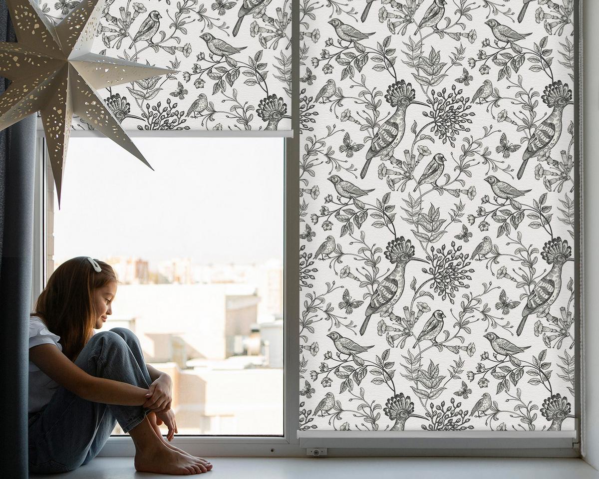 INNENROLLO - Fensterrollo - Rollo - 150x180 cm - Gezeichnete Vögel und Pflanzen - Grau, Kunststoff (150/180/0.5cm) - TULUP