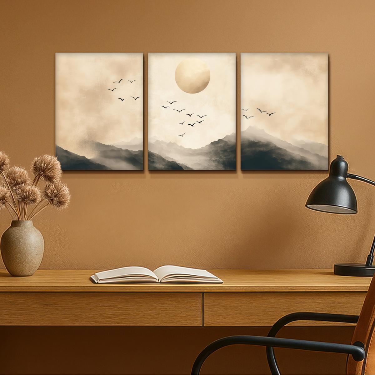 LEINWANDBILD 3er Set Landschaft - Japandi - Beige - Vögel 90x40 cm - Beige, Textil (90/40cm) - MuchoWow
