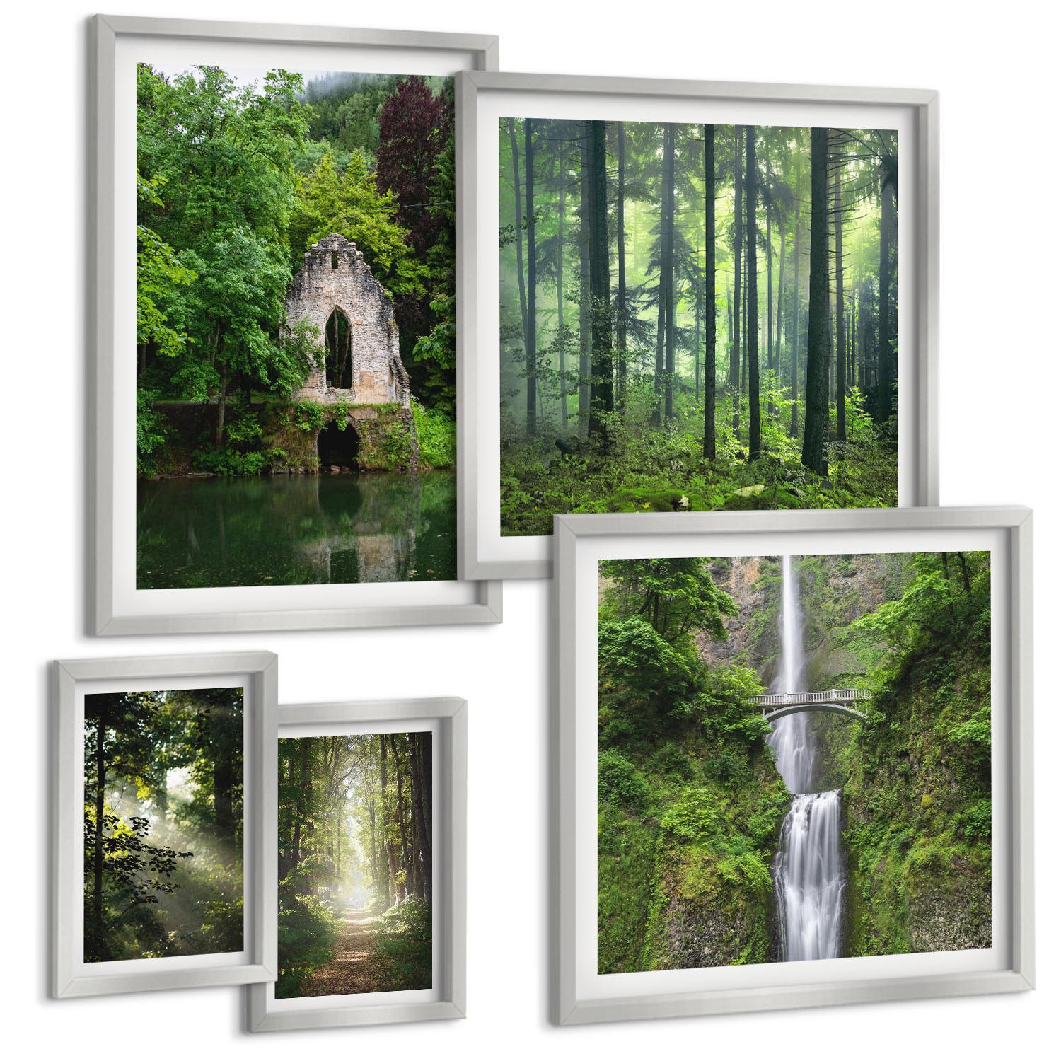 BILDER SET 5er Set - 50x50 cm & 20x30 cm & 40x60 cm Silberner Rahmen - Grüne Wälder, Lichtstrahlen - Silberfarben, Kunststoff (40/60cm) - TULUP