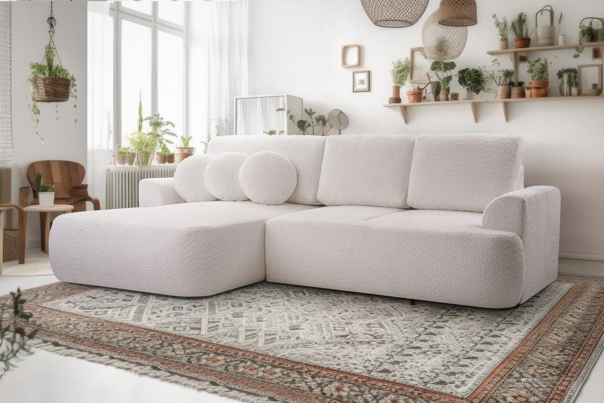 ECKSOFA FILO Weiß Boucle-Stoff mit Schlaffunktion - Weiß, Holz (260/168cm) - MASSENO