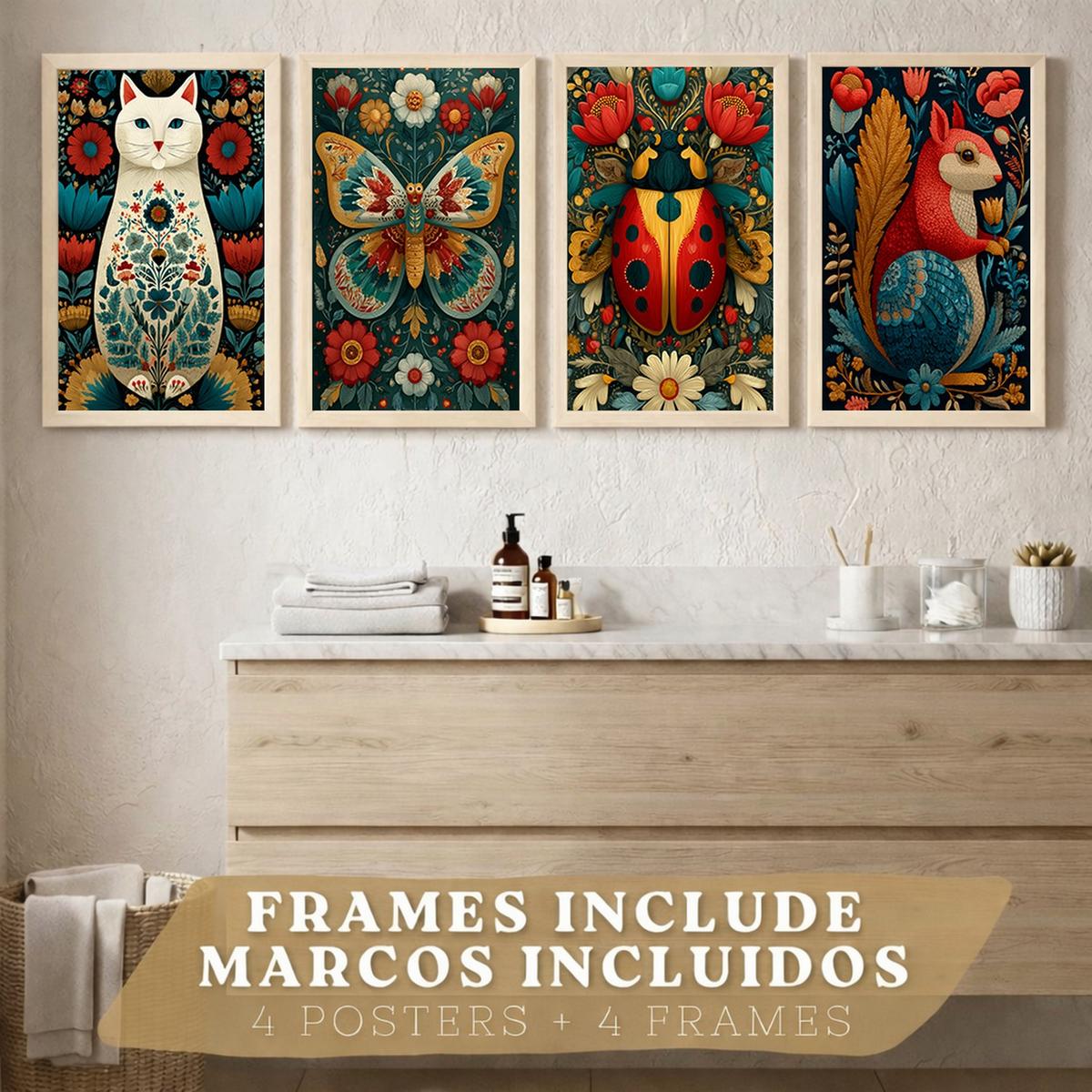 POSTER 4er-Set farbenfrohe Kunstdrucke im Folk-Art-Stil, Tiere und Blumen-Dekorationsbilder, im botanischen Stil für Wohnzimmer Leichter Holzrahmen A4 - Beige, Papier (29.7/21/3cm) - Nacnic