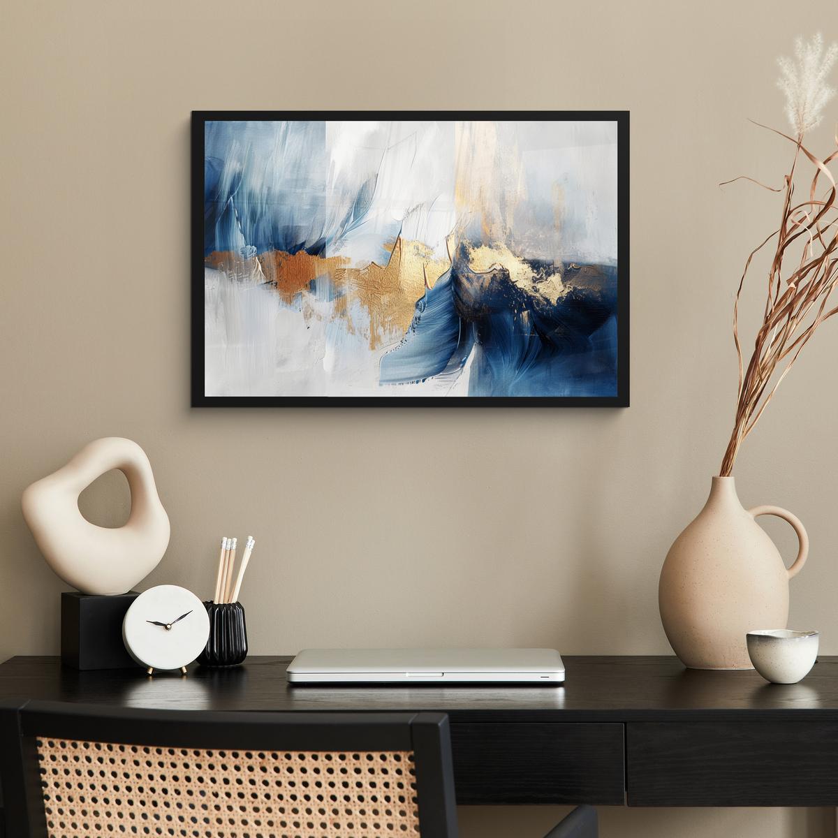 POSTER MIT RAHMENGERAHMTES BILD Gold - Blau - Aquarell - Kunst - Modern 60x40 cm - Hellblau, Papier (60/40cm) - MuchoWow