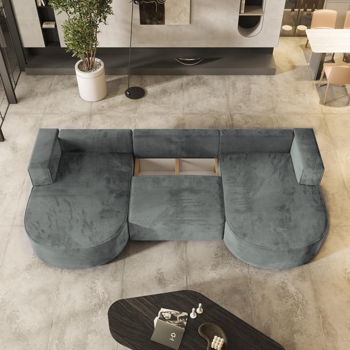 WOHNLANDSCHAFT VEZZO M Grau Velours-Stoff mit Schlaffunktion - Grau, Holz (347/85/174cm) - MASSENO
