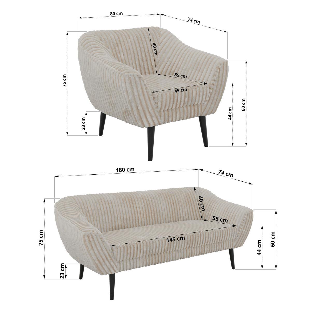 SITZGARNITUR PIRS 3+1+1 - Beige Cord - Schwarze Beine - Beige/Creme, Holzwerkstoff/Textil (180/75/74cm) - MKS