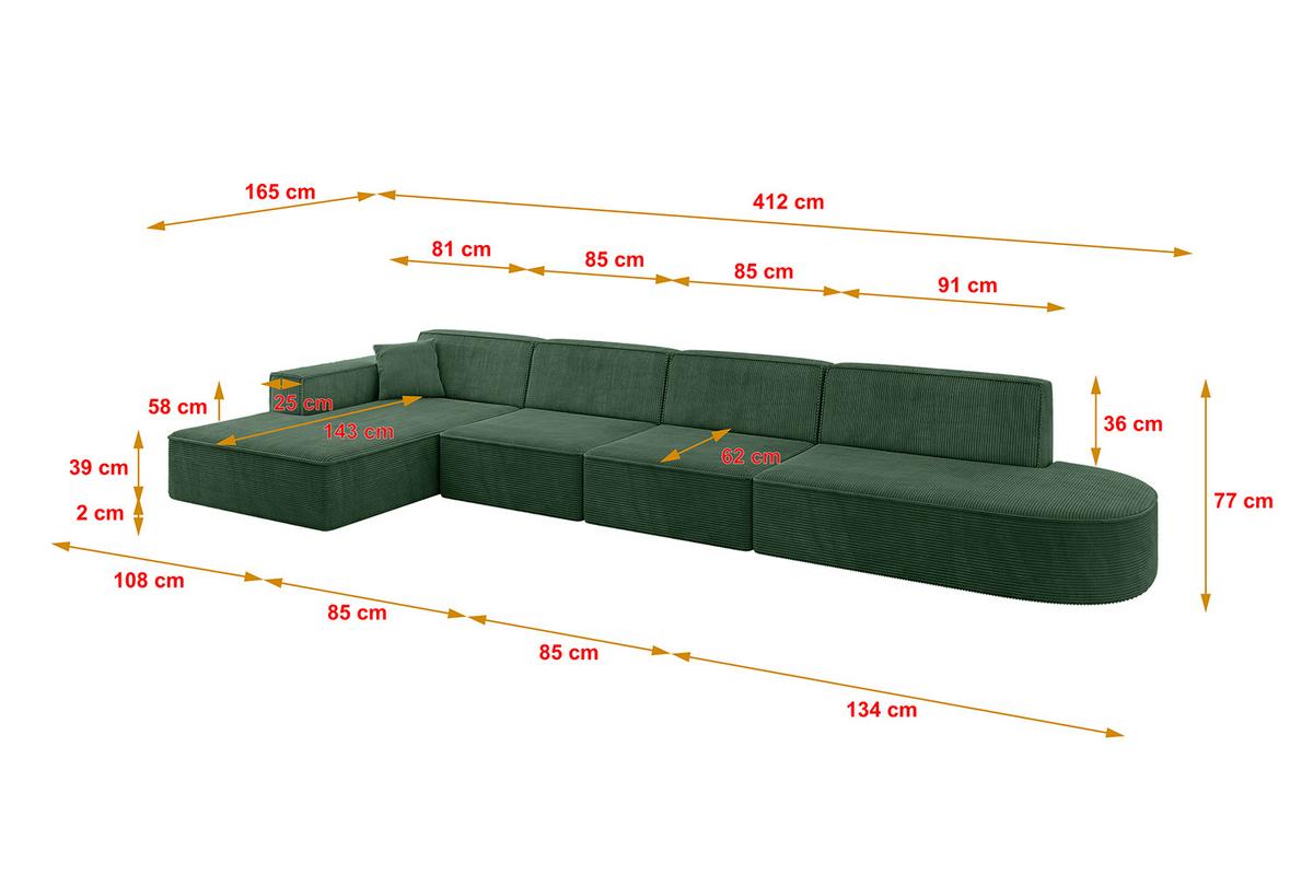 ECKSOFA Ottomane Links IREA-L3-v4 - 412x165x77 cm Grün - Currygelb, Holzwerkstoff/Textil (412/165cm) - ALTDECOR