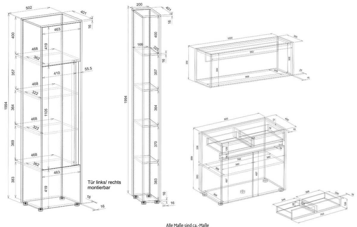 AKTENSCHRANK Set 4-teilig weiß matt, Eiche Wotan 250 cm, Büromöbelkombination mit Sekretär - Eichefarben/Eiche Wotan, Holzwerkstoff/Kunststoff (250/200/40cm) - Furn.Design