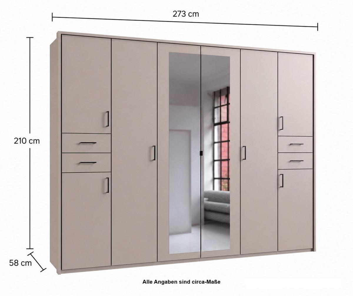 DREHTÜRENSCHRANK B273/H210/T58 cm in Beige Grau, Kleiderschrank mit Passepartout & 2 Spiegeltüren & Schubkästen, Griffe schwarz / 22580 - Greige/Beige, Holzwerkstoff/Kunststoff (273/210/58cm) - luma-home