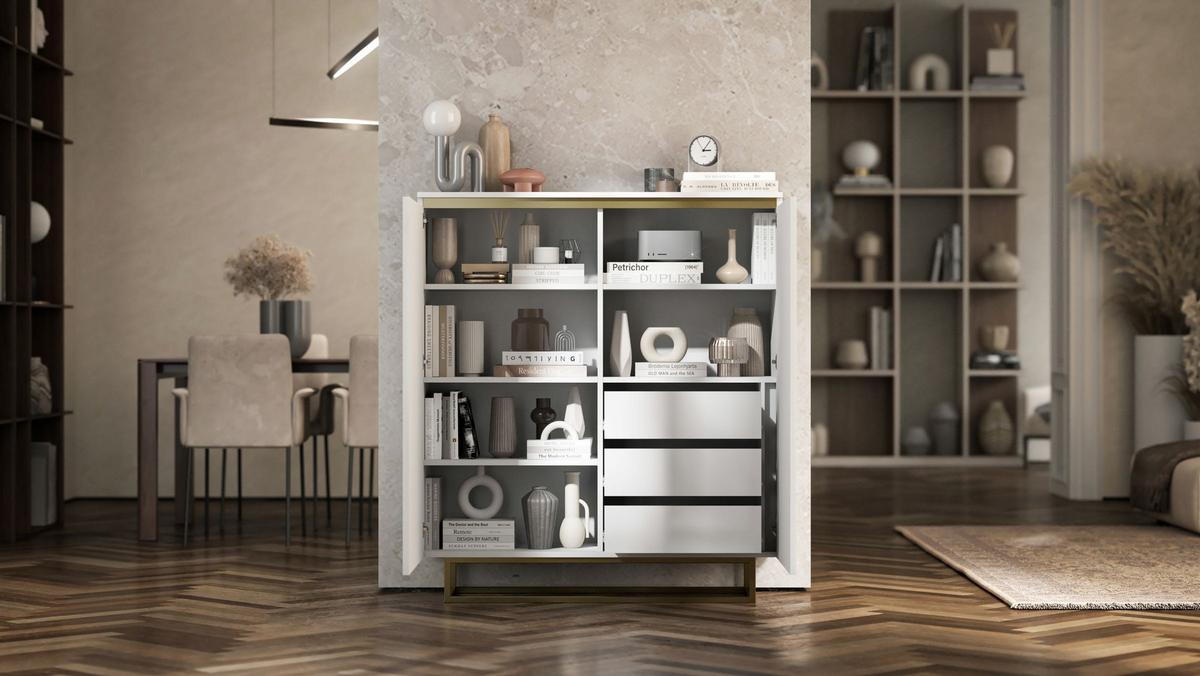 HIGHBOARD Selene 2D Weiß Matt 111 cm goldfarbener Rahmen - Goldfarben/Weiß, Holzwerkstoff/Metall (111/125/35cm) - Meble Lindner