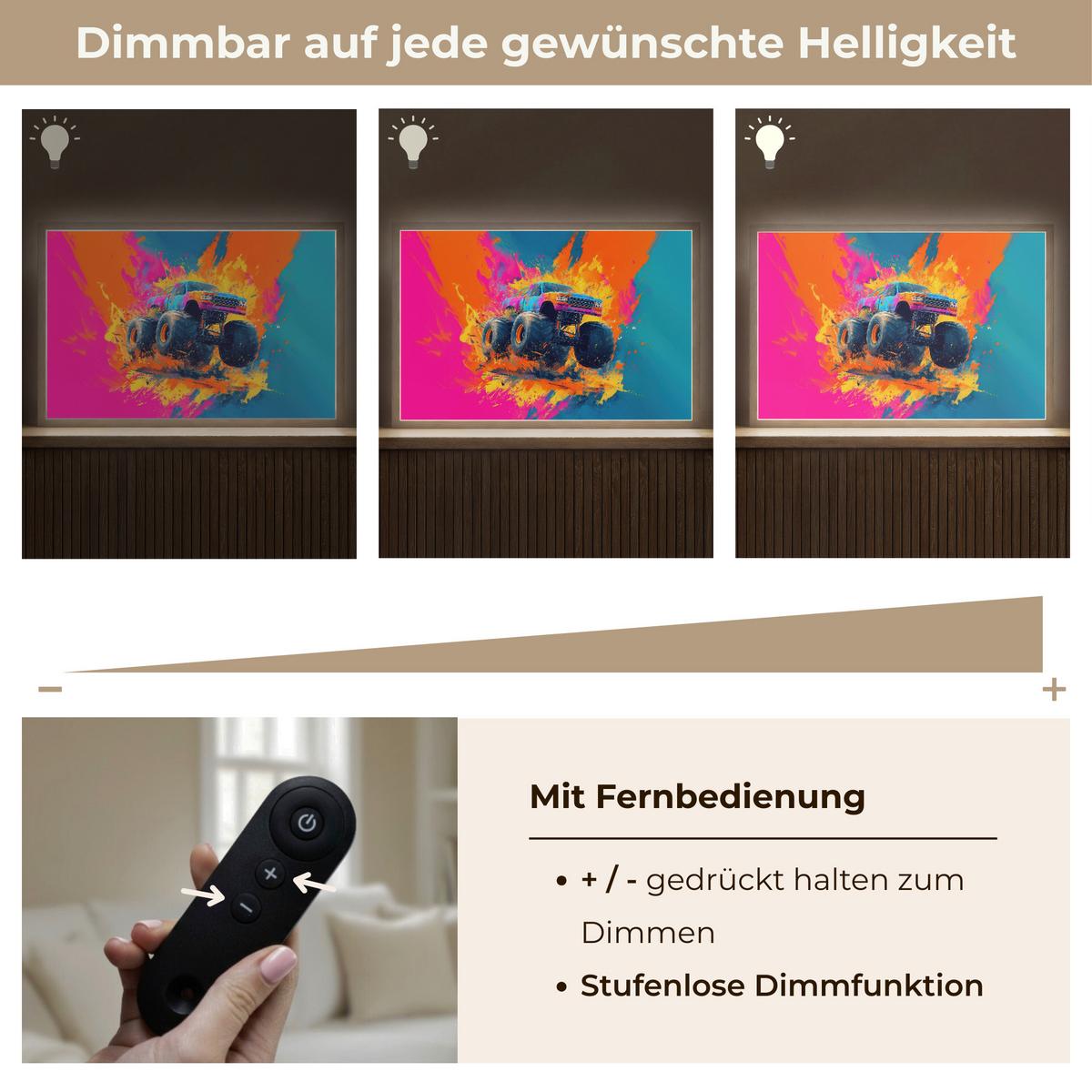 NACHTTISCHLAMPE MIT AKKU Monstertruck - Abstrakt - Farbspritzer - Farbenfroh 60x40 cm - Pink, Holzwerkstoff (8/60/40cm) - OnlyWow