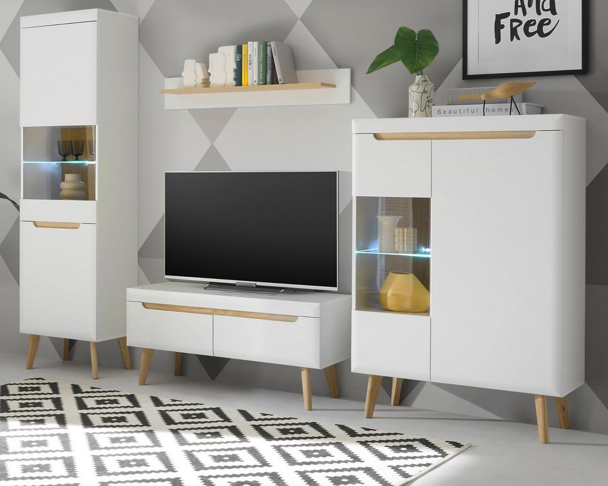WOHNWAND 4-teilig weiß matt, Eiche, skandinavisch 290 cm, Wohnkombination mit Soft-Close-Funktion - Eichefarben/Weiß, Glas/Holz (290/197/40cm) - Furn.Design