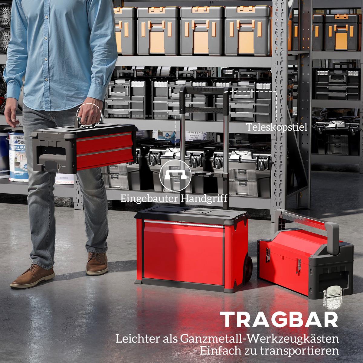 WERKSTATTWAGEN inkl. Koffer Werkzeugwagen leer mit 3 modularen Einheiten - Rot, Metall (32/72/52cm) - HOMCOM
