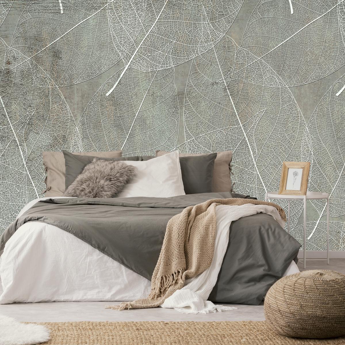 FOTOTAPETE für Schlafzimmer Weiße Blätter auf Beton 100x70 - Weiß/Grau, Papier (100/70cm) - Muralo