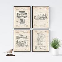 POSTER Set mit 4 Jahrgang eisenbahn patenten A4 Schwarzer Rahmen - Schwarz, Papier (29.7/3cm) - Nacnic