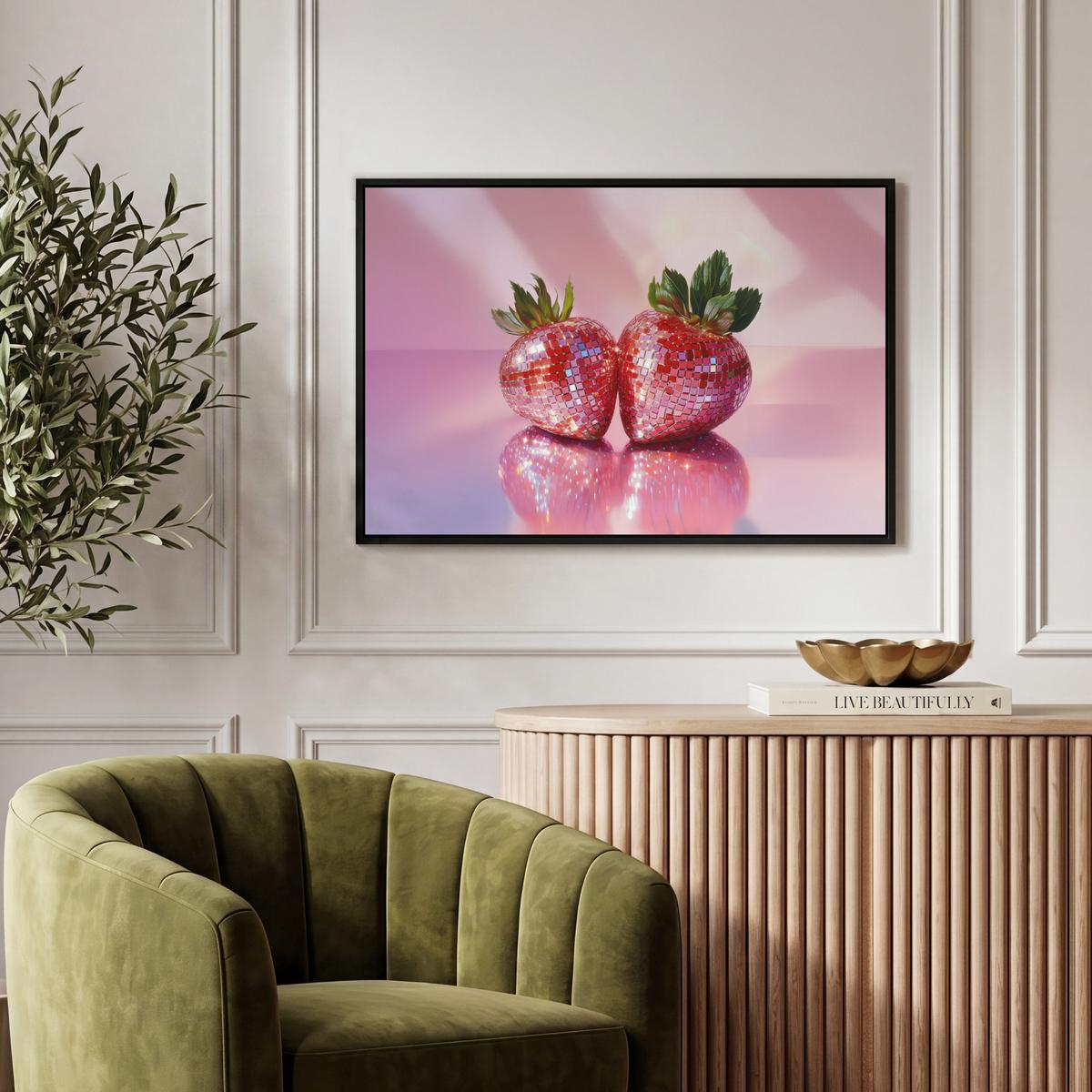 LEINWAND Bilder mit Rahmen - Disco - Obst - Glitzer - Erdbeere - 60x40 - Pink, Textil (60/40cm) - MuchoWow