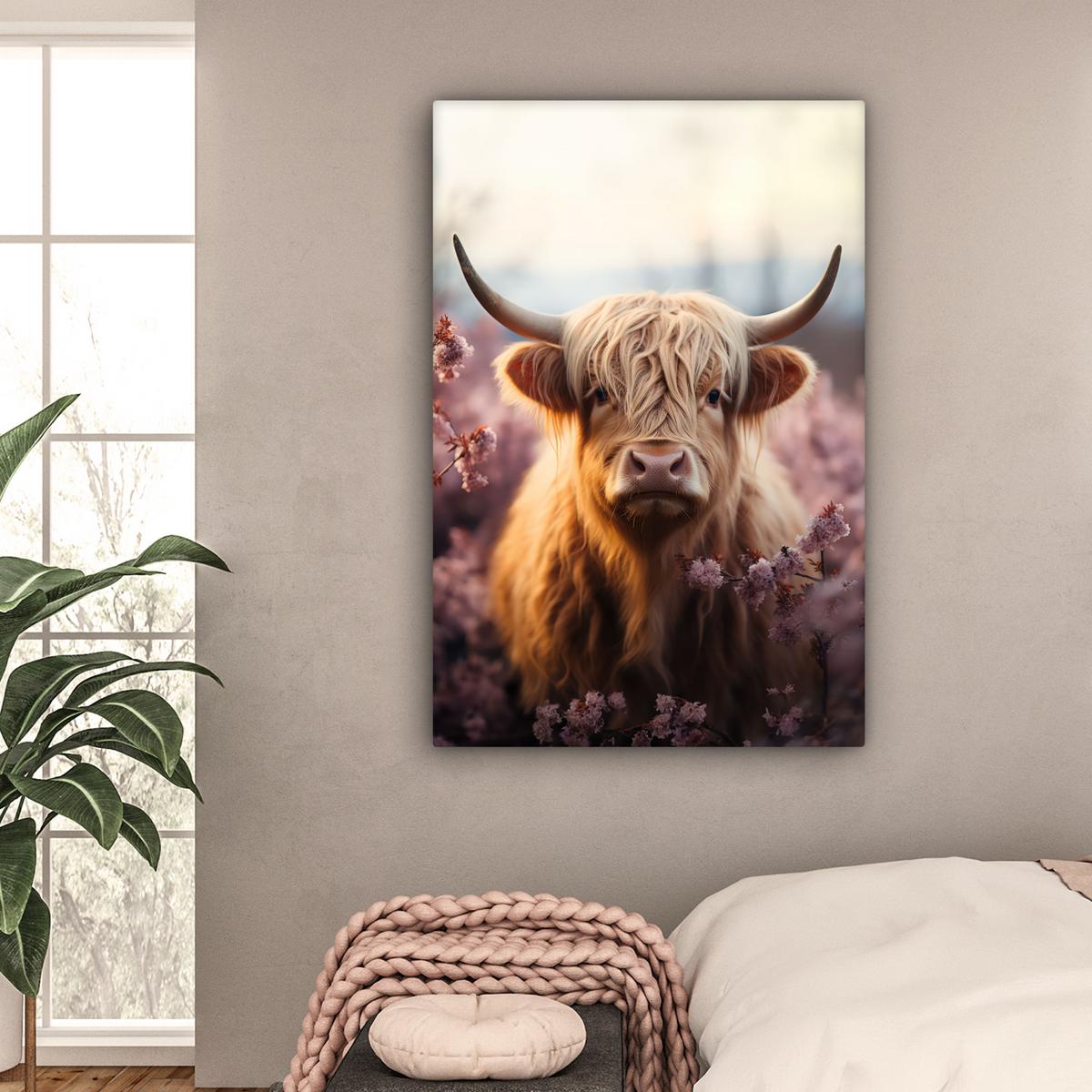 LEINWANDBILD Schottischer Hochländer - Frühling - Hochland Deko XXL 80x120 cm - Hellrosa, Textil (80/120cm) - MuchoWow