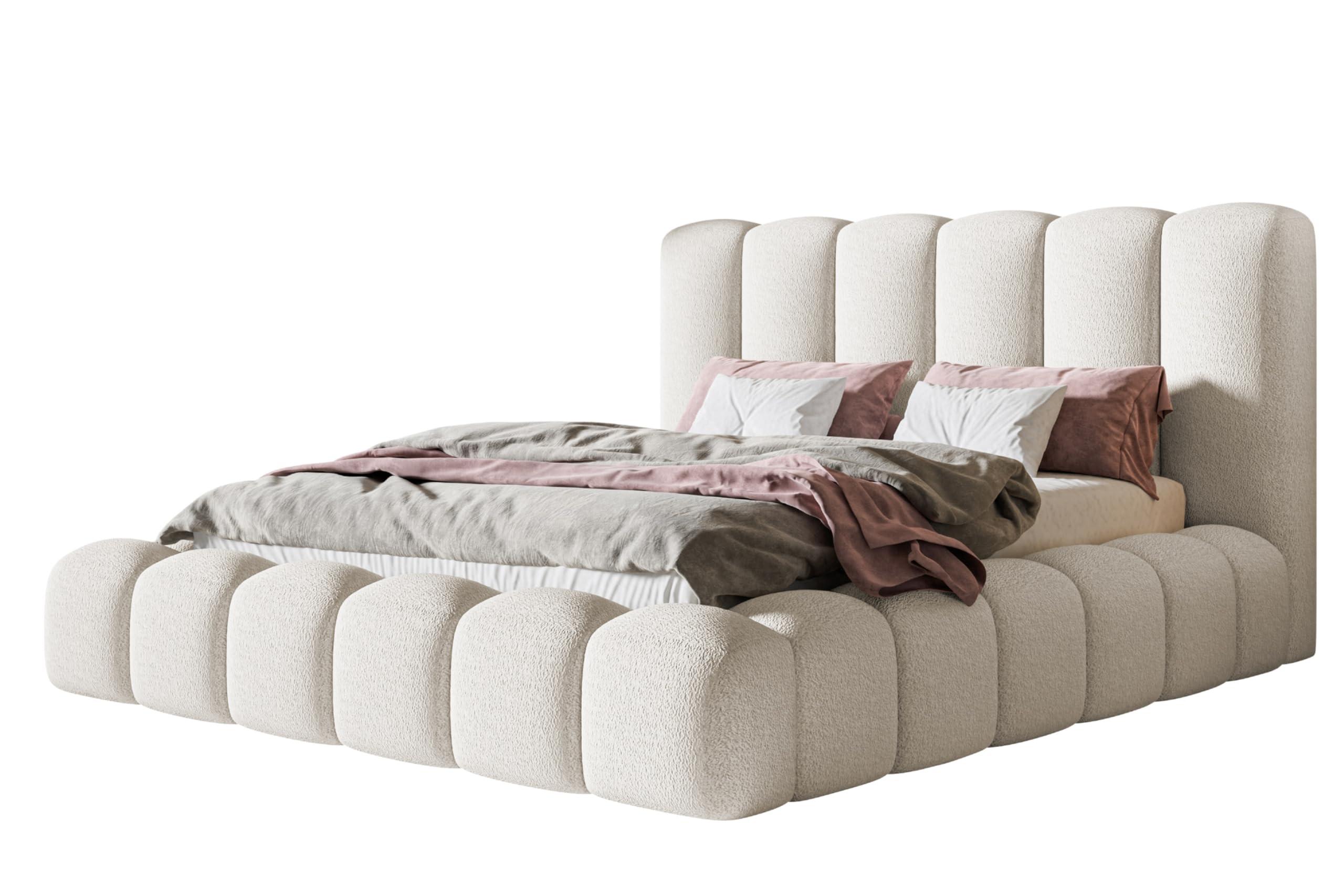 BETT 180x200 - Polsterbett mit Bettkasten und Metallrahmen - Modern Bett - Eleganter Catch Me-Stoff - Kollektion Nora Maxi - Weiß - Weiß, Holz/Textil (180/200cm) - Alpi-Möbel