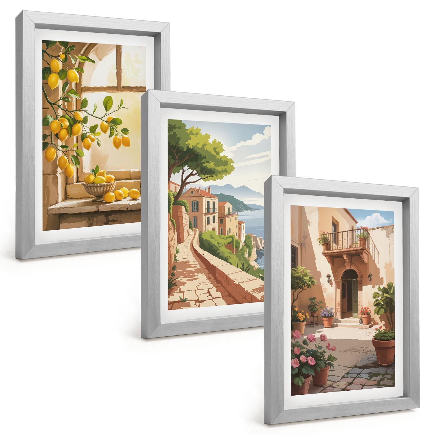 BILDER SET 3er Set - 20x30 cm Silberner Rahmen - Zitrusfrüchte in der Küchenmeerstadt - Silberfarben, Kunststoff (20/30cm) - TULUP