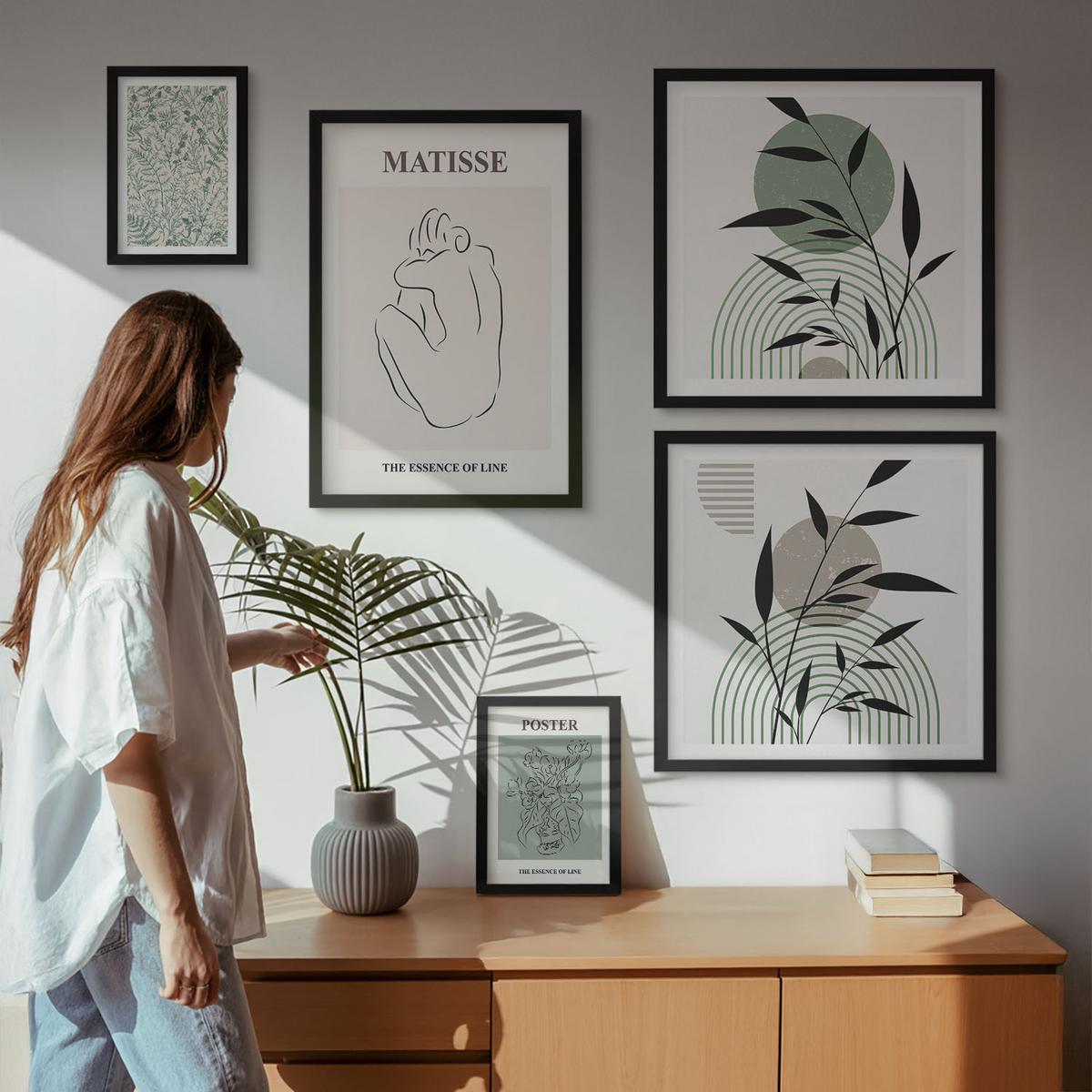 BILDER SET 5er Set - 50x50 cm & 20x30 cm & 40x60 cm Schwarzer Rahmen - Linien, Pflanzenmuster, Minimalismus - Schwarz, Kunststoff (40/60cm) - TULUP