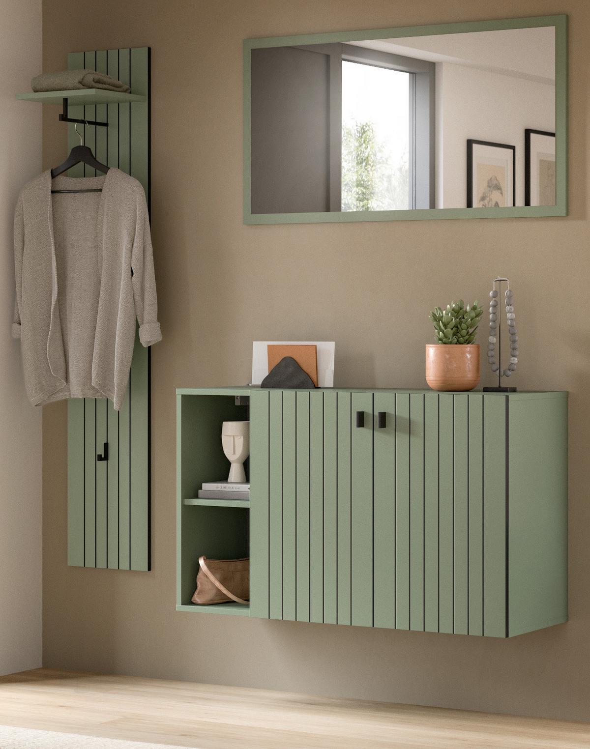 GARDEROBE-SET grün 3-teilig 152 cm, Garderobenkombination hängend - Schwarz/Grün, Glas/Holzwerkstoff (152/192/37cm) - Inn.Furn